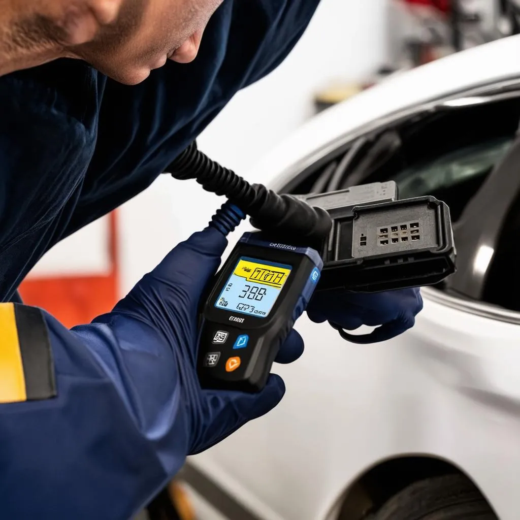 Mechanic connecting an OBD2 scanner to a car's OBD port